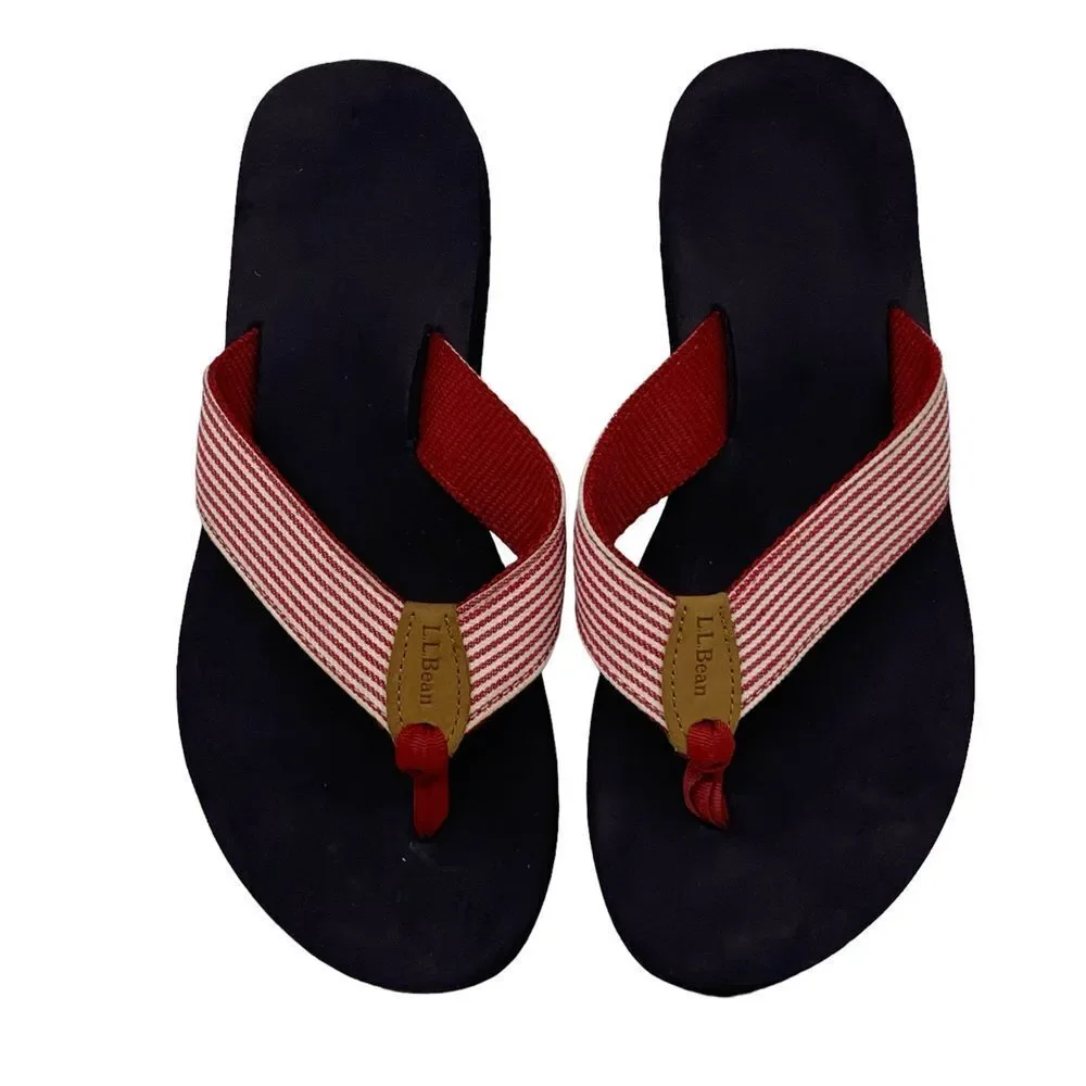 L.L. Bean Women's Main Isle Flip Flop‎ Sandals Thong Red/White Stripes Size 9 M